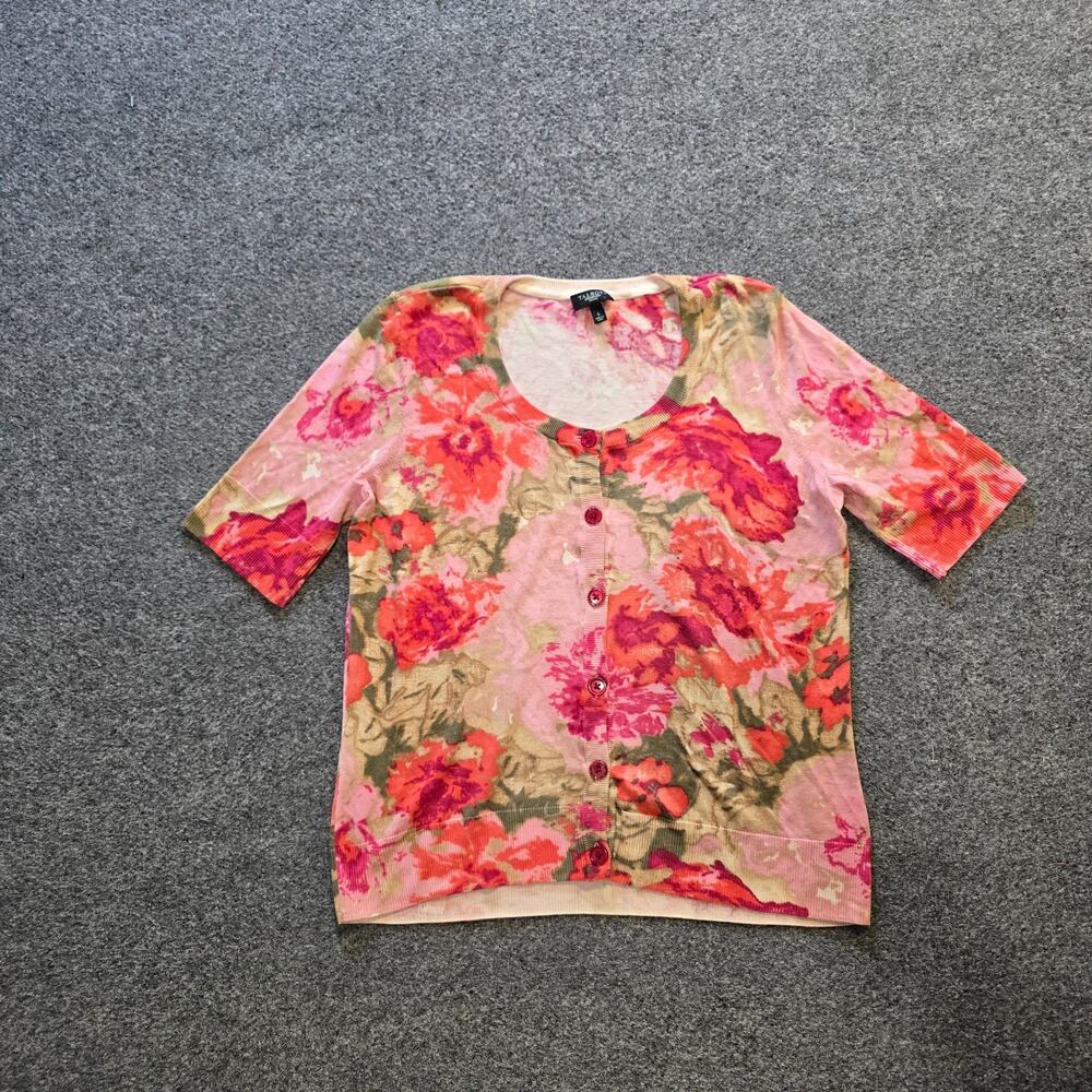 Talbots Top Womens Size Large Pink Floral Short Sleeve Cardigan Button Up Casual